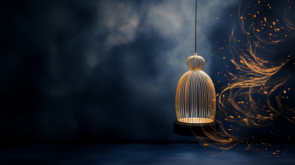 Ethereal birdcage symbolizing environmental influence in Qi Men Dun Jia philosophy - Ancient wisdom meets modern transformation