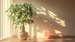Enhance Home Energy Southeast Feng Shui Tips April 2025 Destiny Scheme Destiny Scheme Harmonious and clean home southeast corner decorated with a large Money Tree and glowing salt lamp to enhance luck and positive energy based on April 2025 Feng Shui tips