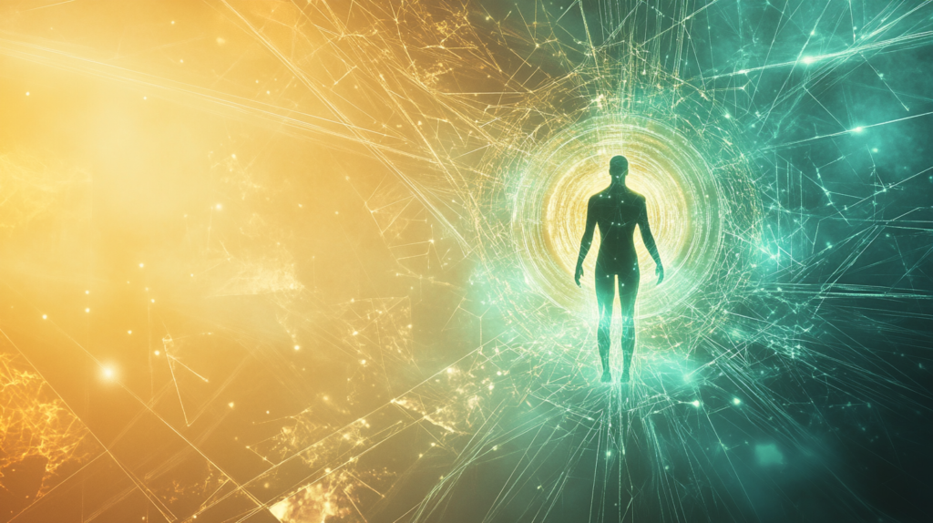 Abstract visualization of environmental energy fields impacting health, being harmonized through Qi Men Dun Jia adjustments for illness recovery.