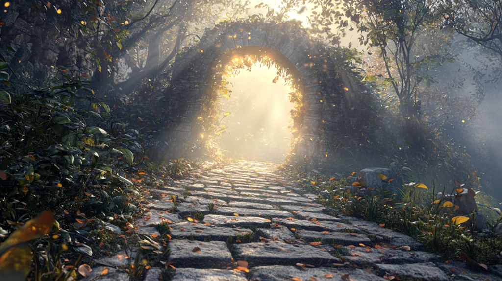 Previously blocked upward path now clear and lit, symbolizing career promotion achieved after clearing obstacles with Qi Men Dun Jia guidance.